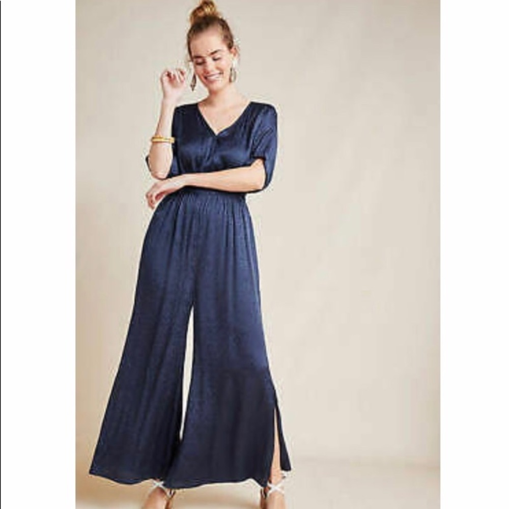 Anthro Maeve Jacquard navy jumpsuit, size S, NWT